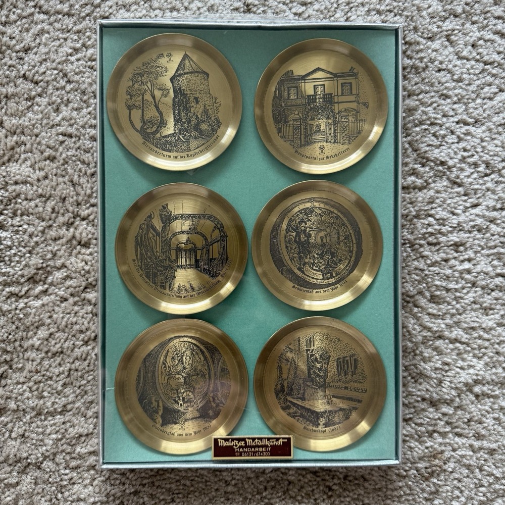 Vintage Mainzer Metallkunst Brass Coaster Set 6 Mainz Germany Scenes Kupferberg